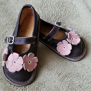 Bear Feet brown leather Mary Janes, pink flowers